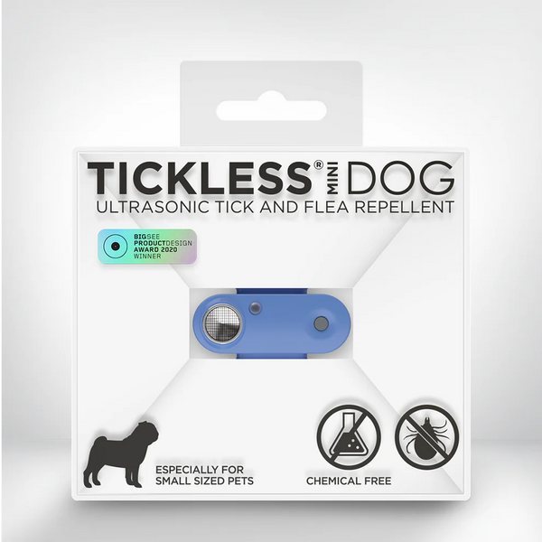 An image of the Tickless Mini Dog repellent in blue, highlighting its small size and sleek appearance.