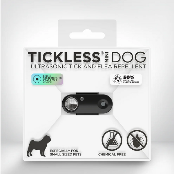 An image of the Tickless Mini Dog repellent in black, showcasing its elegant and modern design.