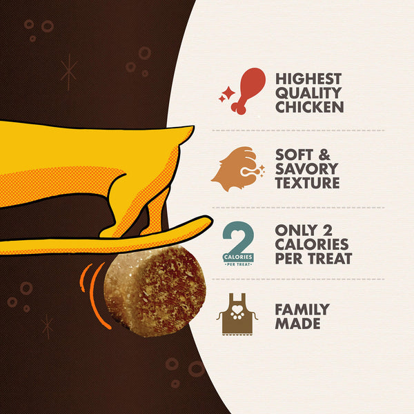 Image highlighting the key features of Fromm Tenderollies - Chick-a-Rollie Flavour Dog Treats, including high-quality ingredients, real chicken flavor, and a soft, tender texture perfect for training or rewarding.