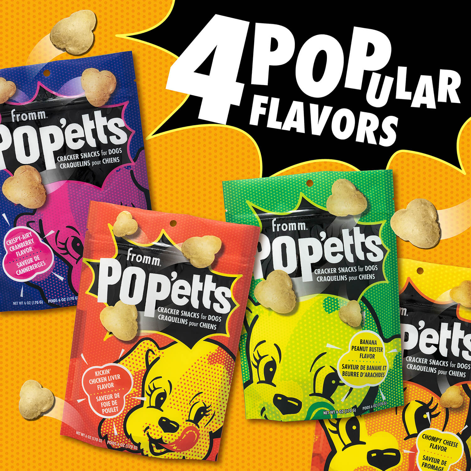 Image displaying all four flavors of Fromm Pop'etts Crunchy Dog Treats: Crispy-Airy Cranberry Flavour, Kickin' Chicken Liver Flavour, Banana Peanut Buster Flavour & Chompy Cheese Flavour
