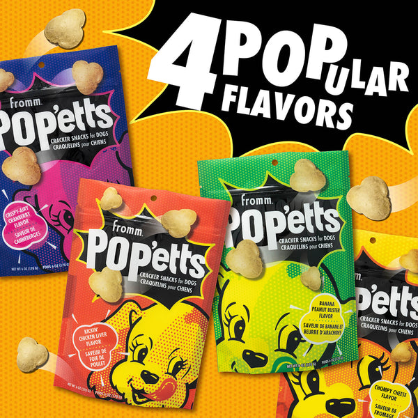 Image displaying all four flavors of Fromm Pop'etts Crunchy Dog Treats: Crispy-Airy Cranberry Flavour, Kickin' Chicken Liver Flavour, Banana Peanut Buster Flavour & Chompy Cheese Flavour