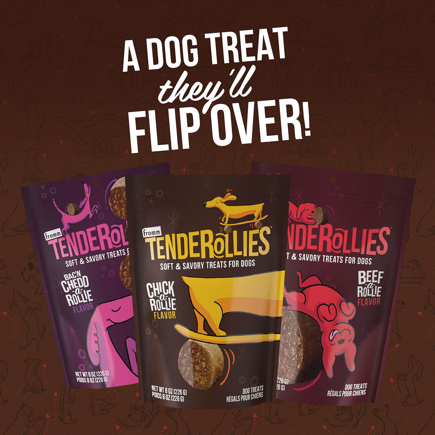 Image displaying all three flavors of Fromm Tenderollies Dog Treats: Bac'n Chedd-a-Rollie, Chick-a-rollie & Beef-a-rollie flavours