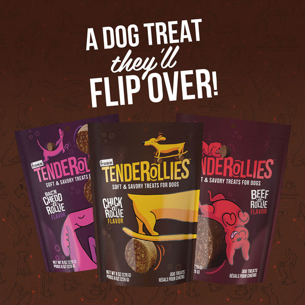 Image displaying all three flavors of Fromm Tenderollies Dog Treats: Bac'n Chedd-a-Rollie, Chick-a-rollie & Beef-a-rollie flavours