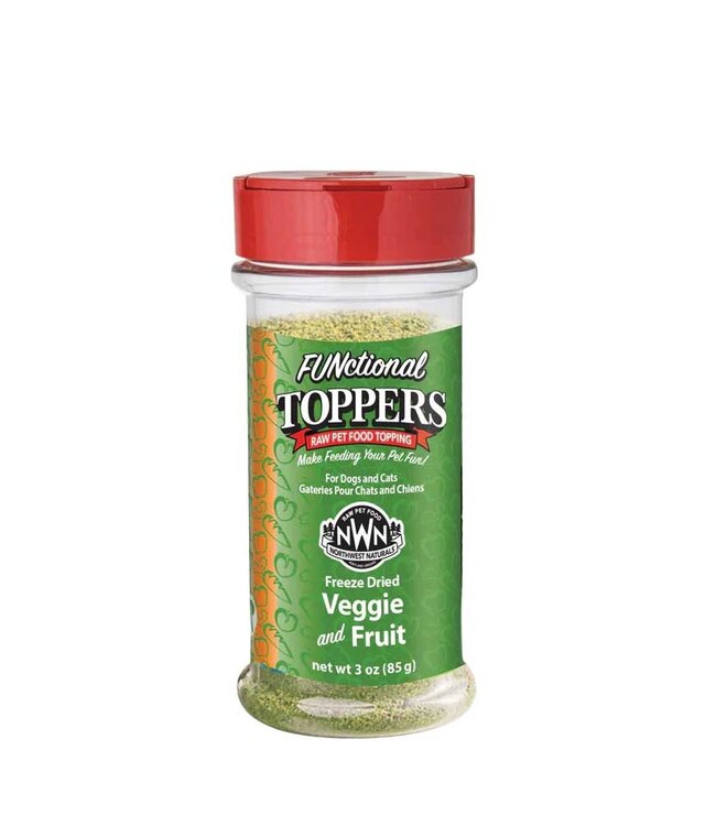 Front view of Northwest Naturals Functional Meal Toppers – Veggie & Fruit jar, showing a vibrant mix of natural fruit and vegetable ingredients that enhance mealtime flavour and provide antioxidants, fibre, and essential nutrients for dogs and cats.