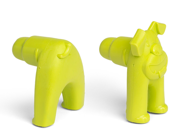 Close-up image of the green West Paw Toppl Stopper, showcasing its sturdy construction and bright green hue.