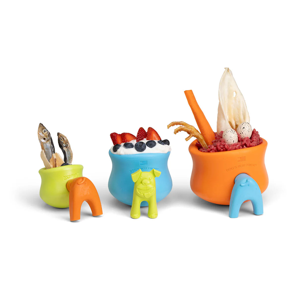 Image displaying all three sizes of West Paw Toppl toys – small, medium, and large – each with a Toppl Stopper in use, illustrating its compatibility across all sizes.