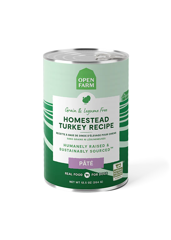 Front view of Open Farm Homestead Turkey Pâté Dog Food can, highlighting ethically sourced turkey and non-GMO ingredients.