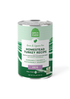 Front view of Open Farm Homestead Turkey Pâté Dog Food can, highlighting ethically sourced turkey and non-GMO ingredients.