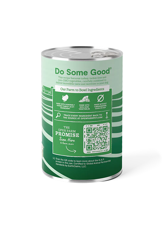 Back view of Open Farm Homestead Turkey Pâté Dog Food can, showing nutritional information and detailed ingredient list.
