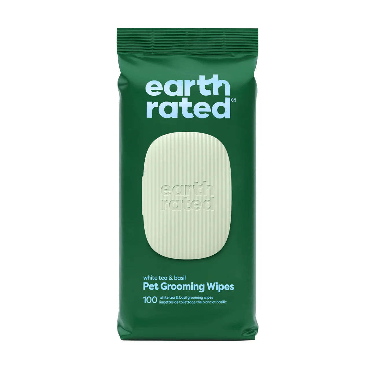 Image showing the front of the Earth Rated Grooming Wipes package in White Tea & Basil, highlighting its plant-based, hypoallergenic formula ideal for sensitive dogs.