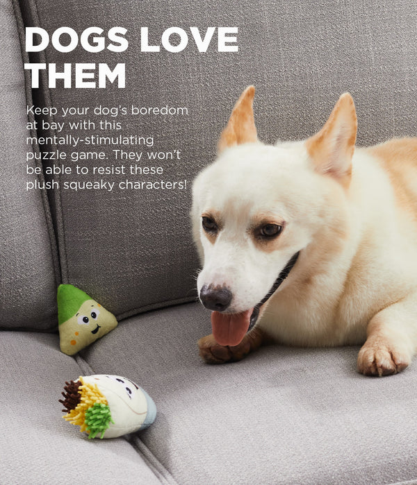 A happy dog playing with the soft, plush taco puzzle toys, showcasing their mental stimulation and play value.