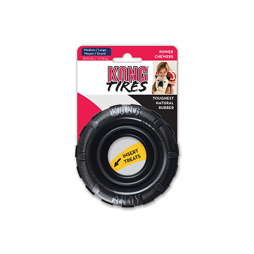 The KONG Extreme Tire in its original packaging, highlighting its ultra-durable rubber construction, unique tread pattern, and stuffable design for treat-filled fun.
