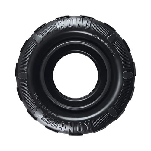 Close-up of the KONG Extreme Tire, a heavy-duty rubber chew toy with a thick tread design, perfect for power chewers and treat stuffing.