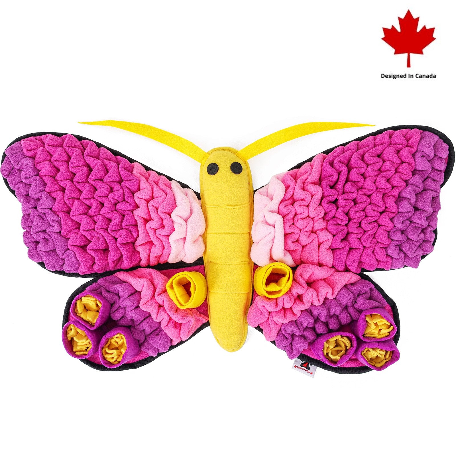 A butterfly-shaped snuffle mat with multiple layers and textures, designed to stimulate foraging instincts and slow down eating.