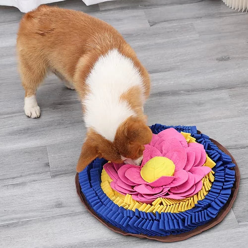 A happy dog foraging for treats on the Pawz N Dogz Lotus Snuffle Mat.