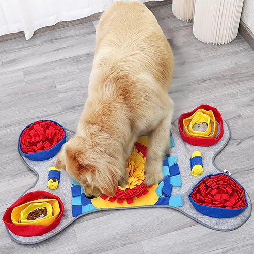 Energetic dog playing with the Pawz N Dogz Challenger Bone Snuffle Mat, enjoying mentally stimulating puzzles and hidden treats that encourage natural foraging behaviour.