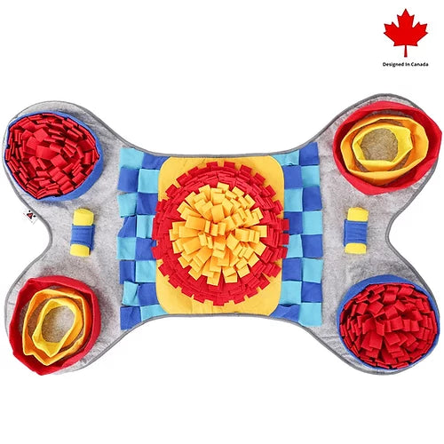 Pawz N Dogz Challenger Bone Snuffle Mat in vibrant fleece and felt design, offering multiple treat-hiding puzzles, perfect for slow feeding and mental enrichment for dogs.