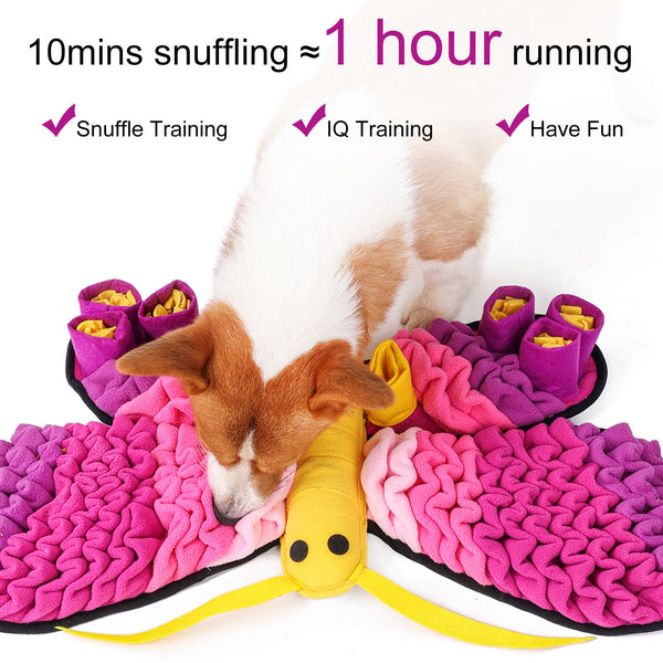 A dog sniffing and searching for treats in the snuffle mat, demonstrating how 10 minutes of snuffling equals an hour of exercise.