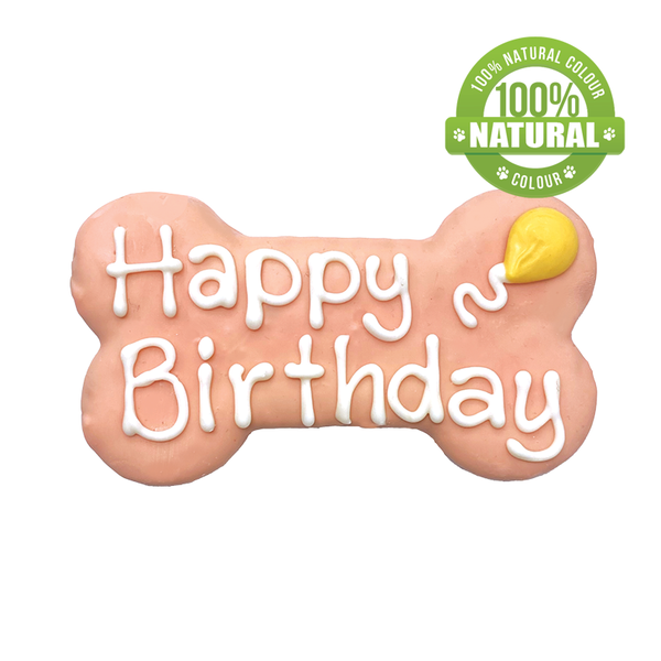 Bosco & Roxy Happy Birthday Bone in pink, a festive and delicious treat for your dog's special day.