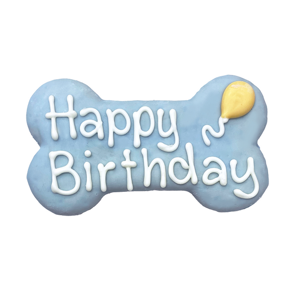 Bosco & Roxy Happy Birthday Bone in blue, perfect for celebrating your pup's birthday.