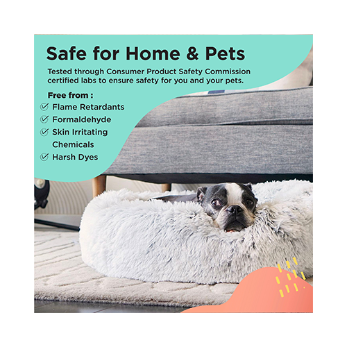 Illustration showcasing the Best Friends by Sheri Calming Donut Dog Bed as free from flame retardants, formaldehyde, skin-irritating chemicals, and harsh dyes.