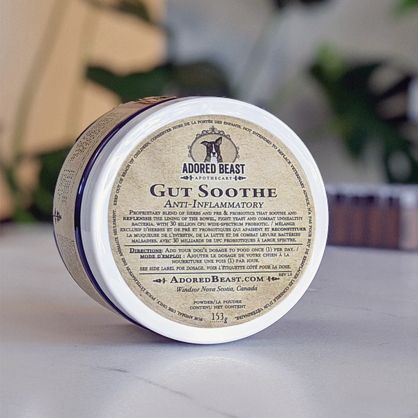 Adored Beast Gut Soothe: Product bottle featuring the label and brand logo.