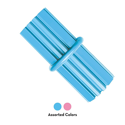 KONG Puppy Teething Stick in pink and blue, designed to soothe gums and clean teeth with gentle ridges.