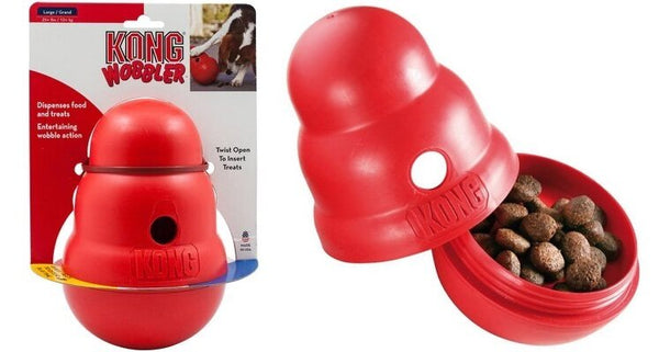 KONG Wobbler opened, filled with treats, showcasing how the toy dispenses food while encouraging dogs to engage in physical and mental activity.