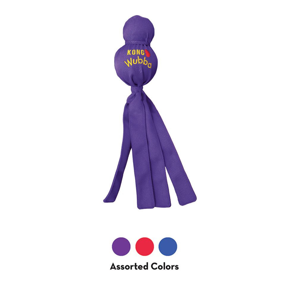 KONG Wubba in assorted colours, showcasing the durable design, floppy tails, and reinforced fabric perfect for interactive play.