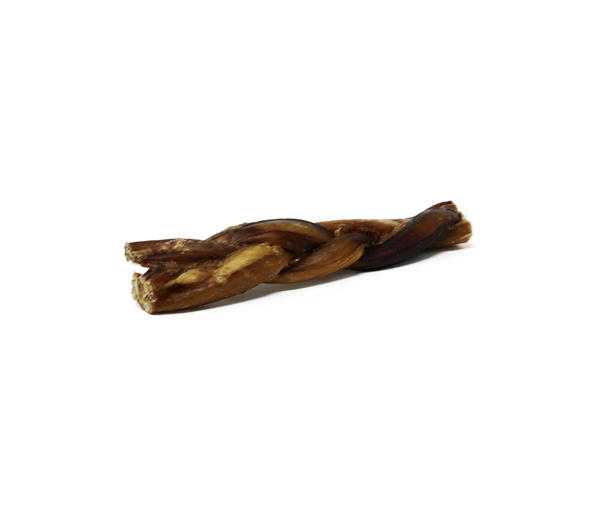 An image of an Open Range Bully Sticks Braid, showcasing its braided, high-quality, free-range beef composition.