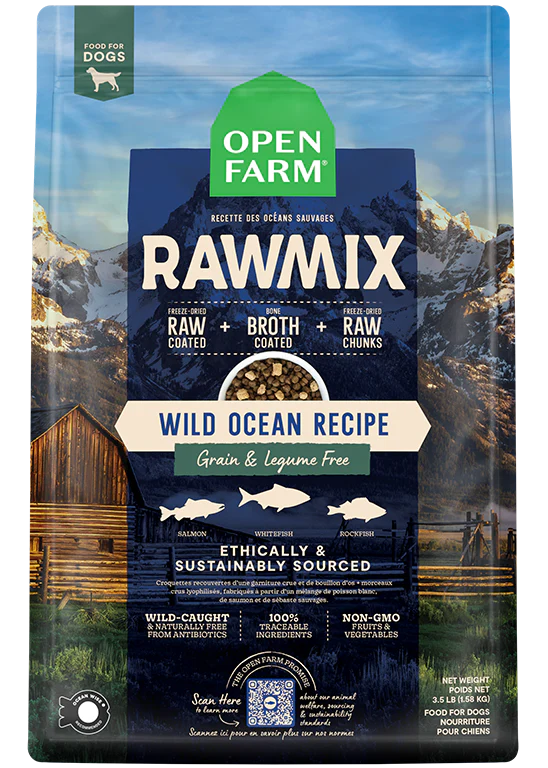 Front view of Open Farm Grain & Legume Free RawMix - Wild Ocean dog food bag, showcasing the product.