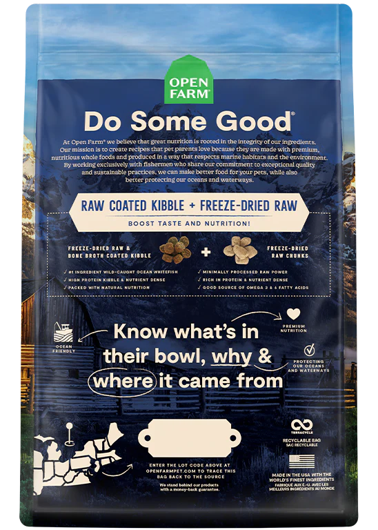 Back view of Open Farm Grain & Legume Free RawMix - Wild Ocean dog food bag, detailing ingredients and nutritional information.