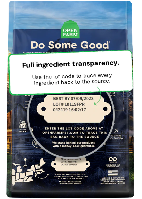Back view of Open Farm Grain & Legume Free RawMix - Wild Ocean dog food bag, emphasizing ingredient transparency and quality commitment.