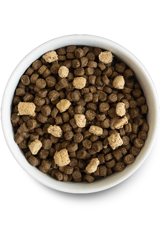 An image showing the Open Farm Rawmix food, highlighting the raw-coated kibble and freeze-dried raw bites