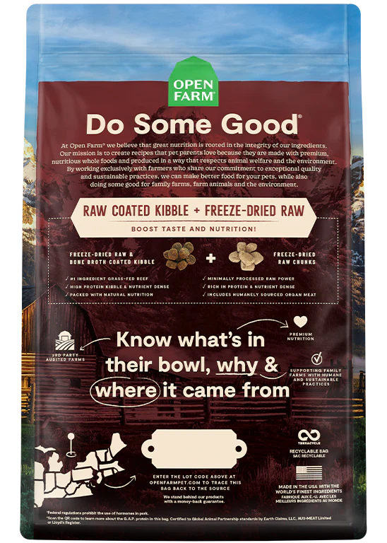 Back view of Open Farm Grain & Legume Free RawMix - Front Range dog food bag, detailing ingredients and nutritional information.