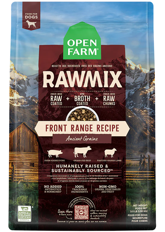 An image of the front of the Open Farm Ancient Grain Rawmix Front Range bag, showcasing the brand logo, product name, and high-quality, nutritious ingredients.