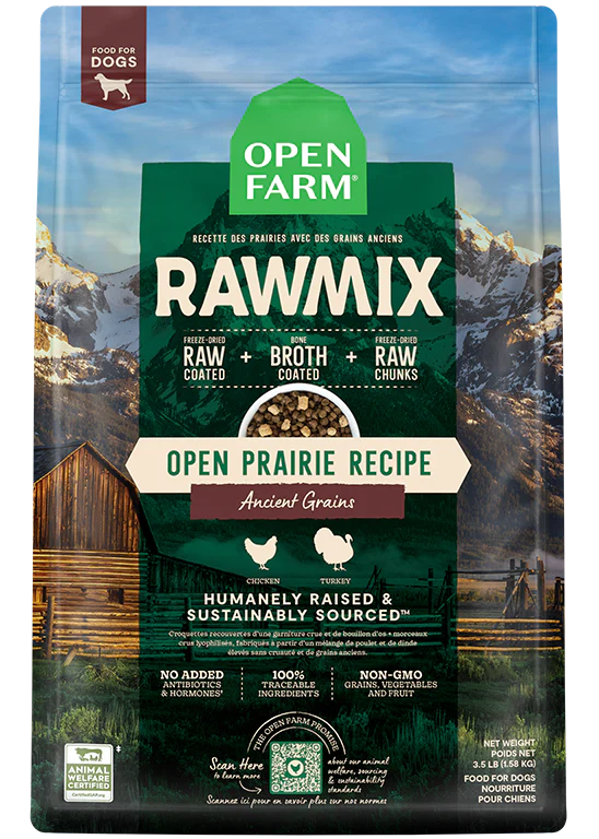 Front view of Open Farm Ancient Grain RawMix - Open Prairie dog food bag, featuring Chicken and Turkey with ancient grains