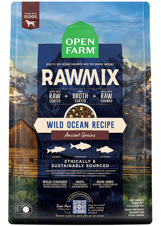 Front view of Open Farm Ancient Grain RawMix - Wild Ocean dog food bag, showcasing Salmon, Whitefish, and Rockfish flavours.