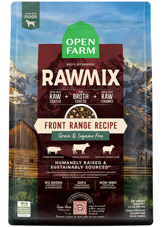 Front view of Open Farm Grain & Legume Free RawMix - Front Range dog food bag, showcasing Beef, Pork, and Lamb flavours.