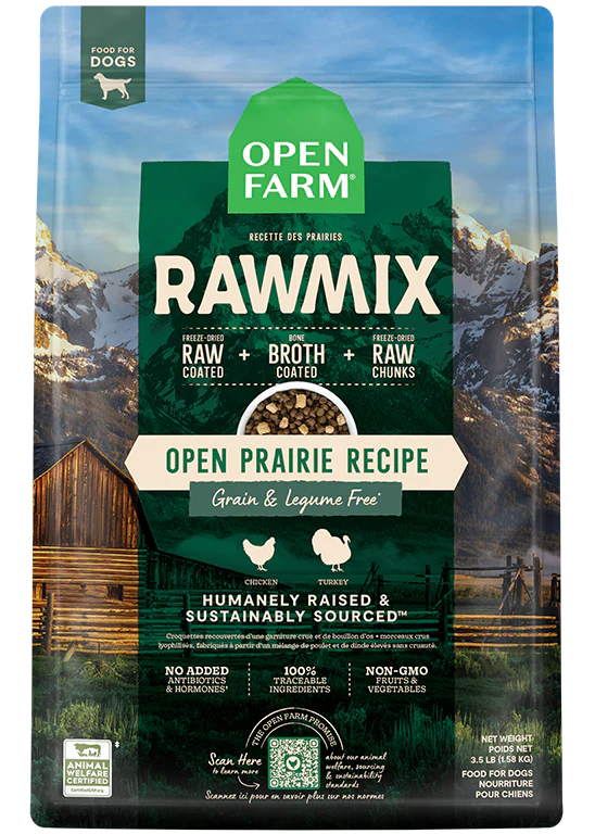 Front view of Open Farm Grain & Legume Free RawMix - Open Prairie dog food bag, showcasing the product.