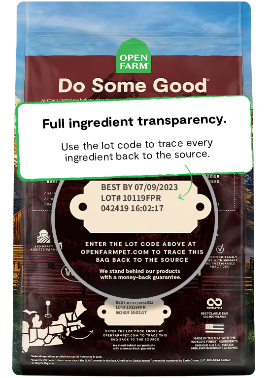 Back view of Open Farm Grain & Legume Free RawMix - Front Range dog food bag, emphasizing ingredient transparency and quality commitment.