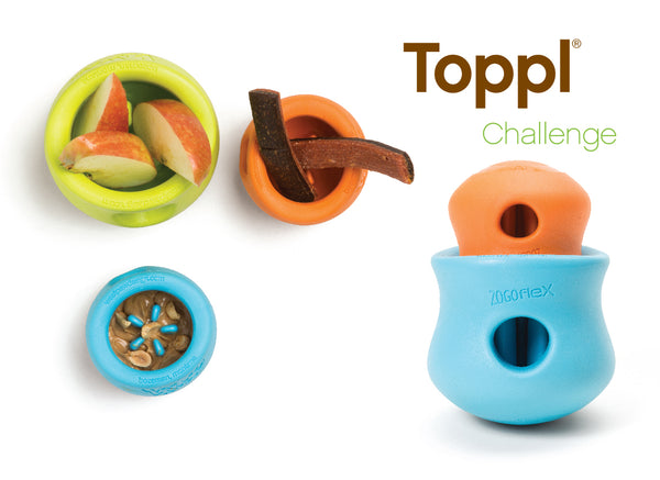 Image of a West Paw Toppl toy stuffed with treats, demonstrating its use as a treat-dispensing puzzle.