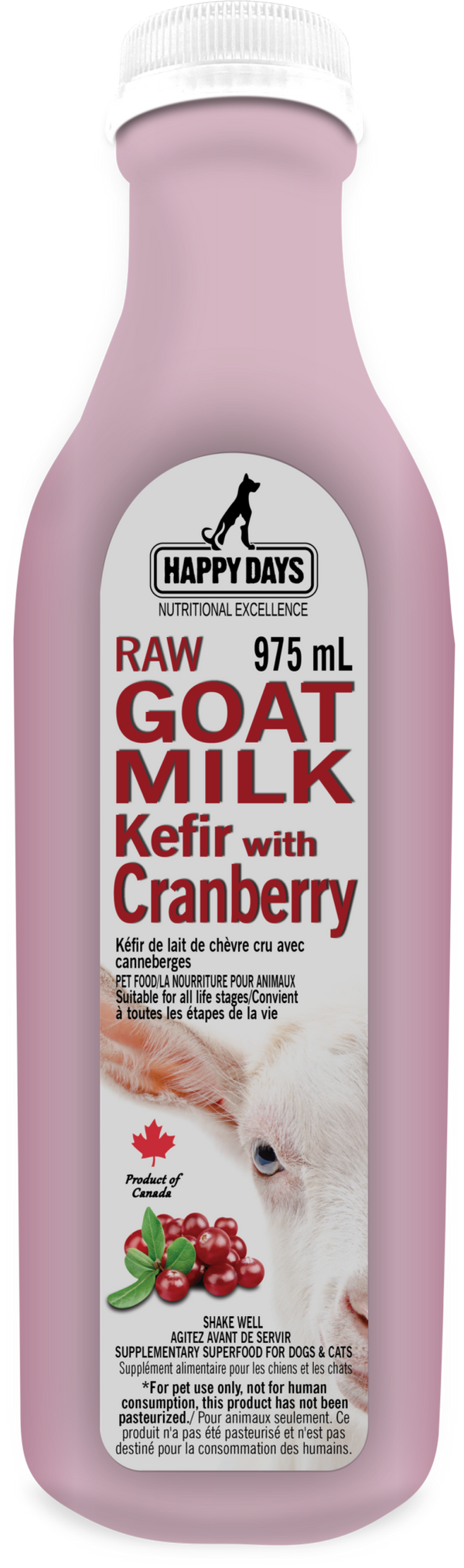 Happy Days Raw Goat Milk Kefir with Cranberry - Front view showcasing the product packaging, highlighting its natural and nutritious ingredients for pet health.