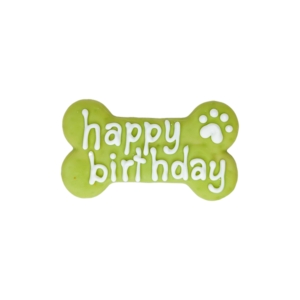 Bosco & Roxy Happy Birthday Bone in green, a fun and tasty way to celebrate your dog's birthday.