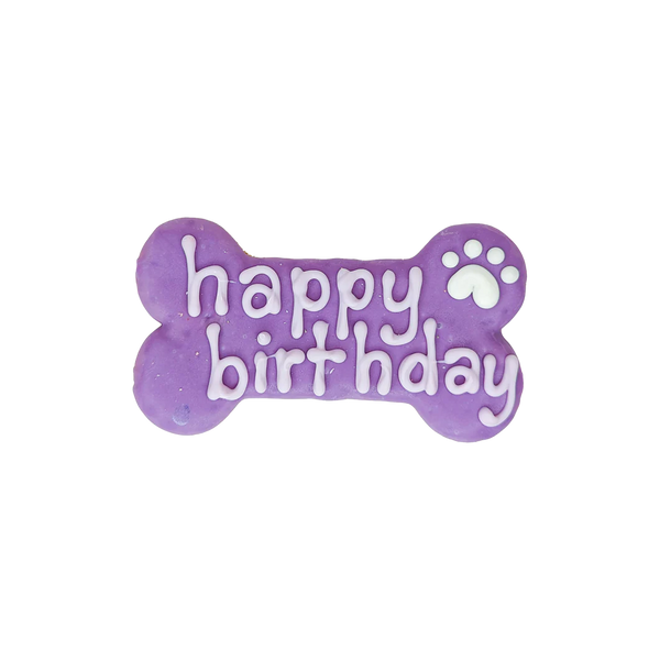 Bosco & Roxy Happy Birthday Bone in purple, a delightful treat to make your dog's birthday extra special.