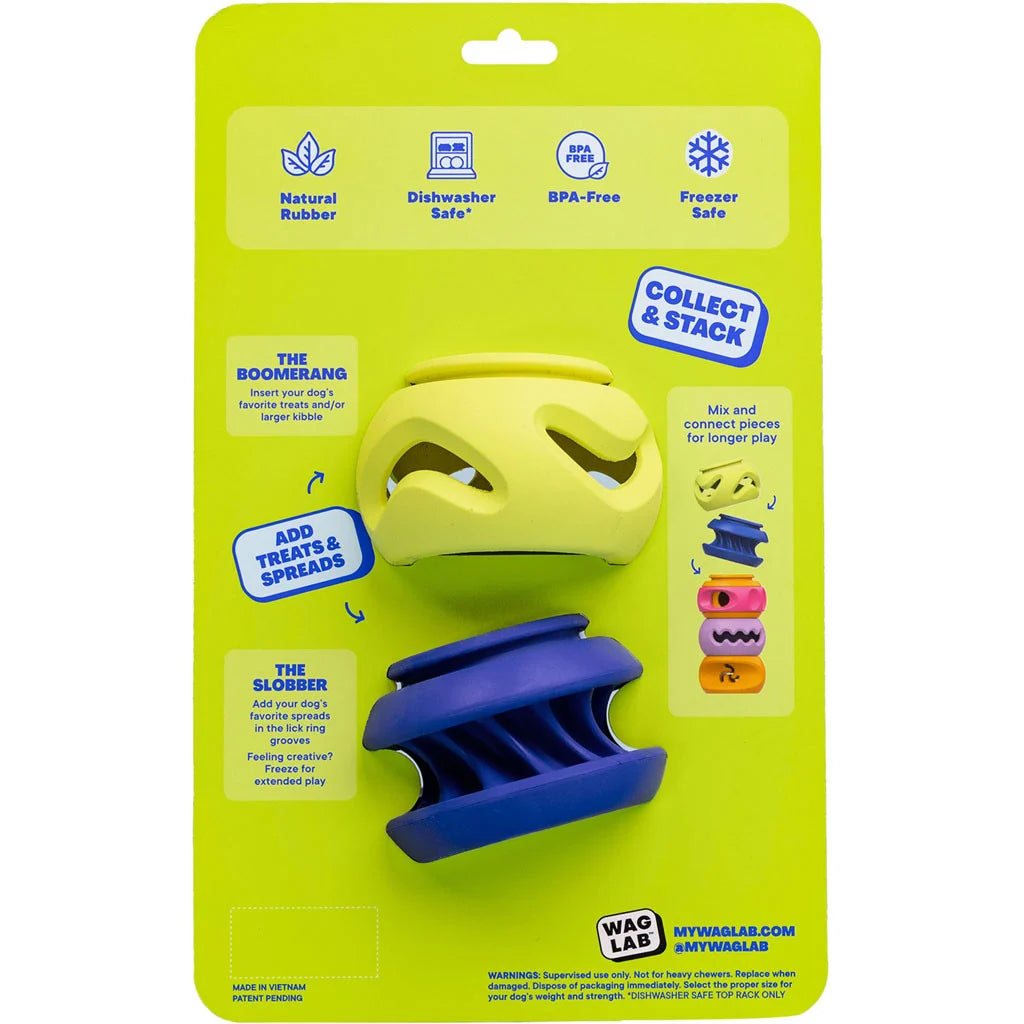 Back of WAGLAB PlayStack Boomerang and Slobber 2 Pack packaging displaying freezer-safe enrichment features, treat dispensing functions, and modular PlayStack customization for dogs