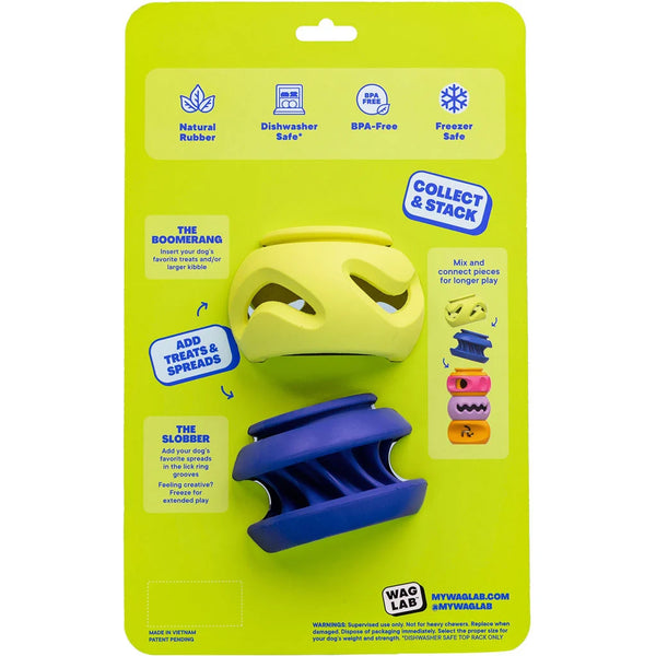Back of WAGLAB PlayStack Boomerang and Slobber 2 Pack packaging displaying freezer-safe enrichment features, treat dispensing functions, and modular PlayStack customization for dogs