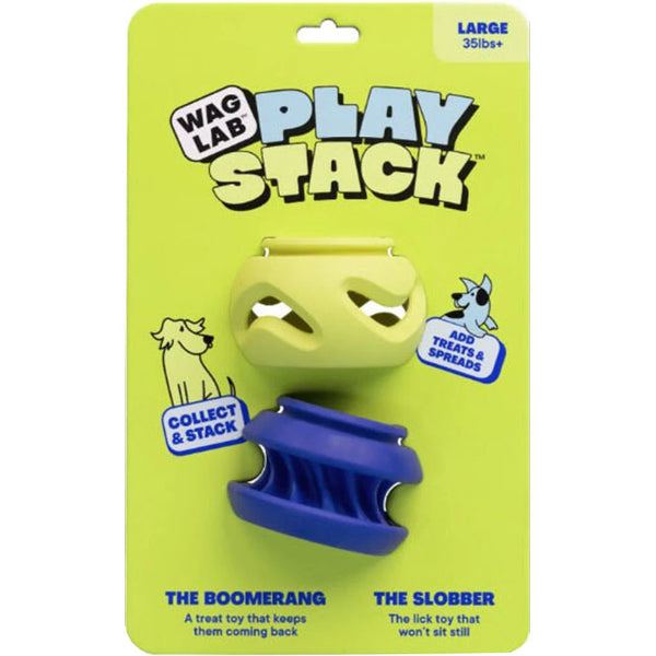 WAGLAB PlayStack Boomerang and Slobber 2 Pack dog toys in packaging featuring interactive enrichment toys designed for treat dispensing, licking activities, and customizable dog play