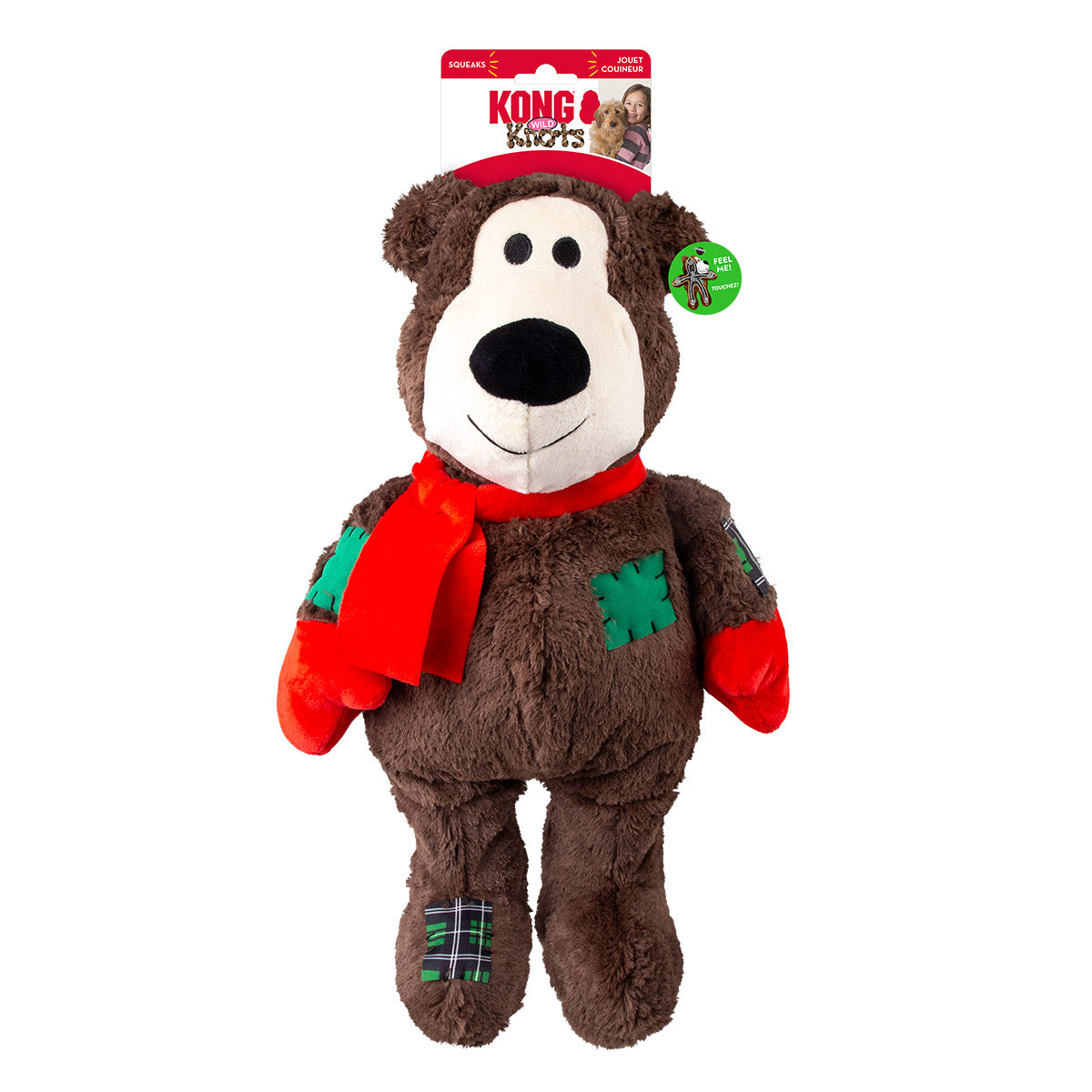 Dark brown KONG Holiday Wild Knots Jumbo Bear plush dog toy featuring ultra-soft fur, an internal knotted rope design for strength, and holiday-themed scarf and gloves that add cheerful seasonal flair.