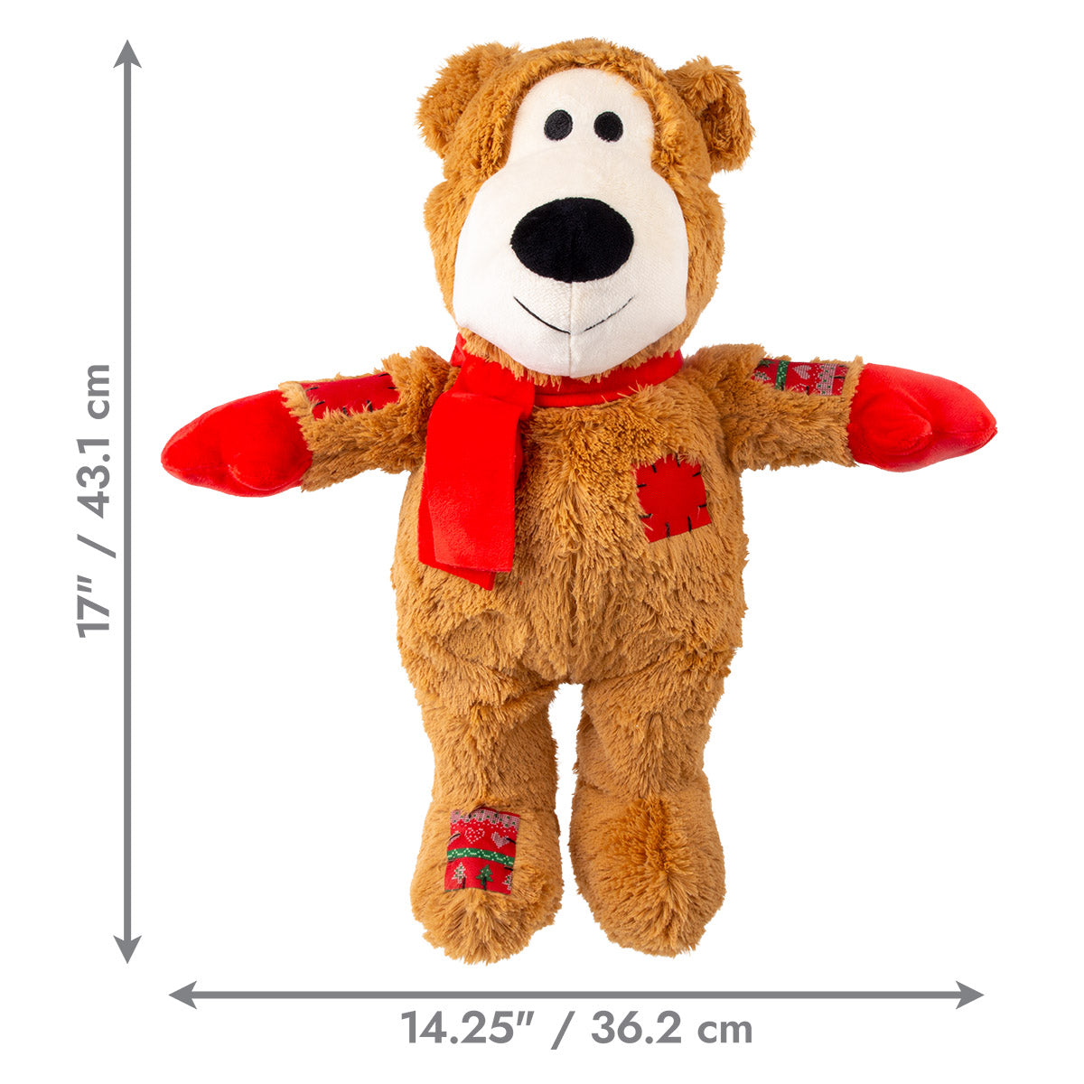 Light brown KONG Holiday Wild Knots Jumbo Bear dog toy shown with size measurements, highlighting its oversized plush design, strong knotted rope interior for durability, and soft exterior ideal for cuddling and festive play.